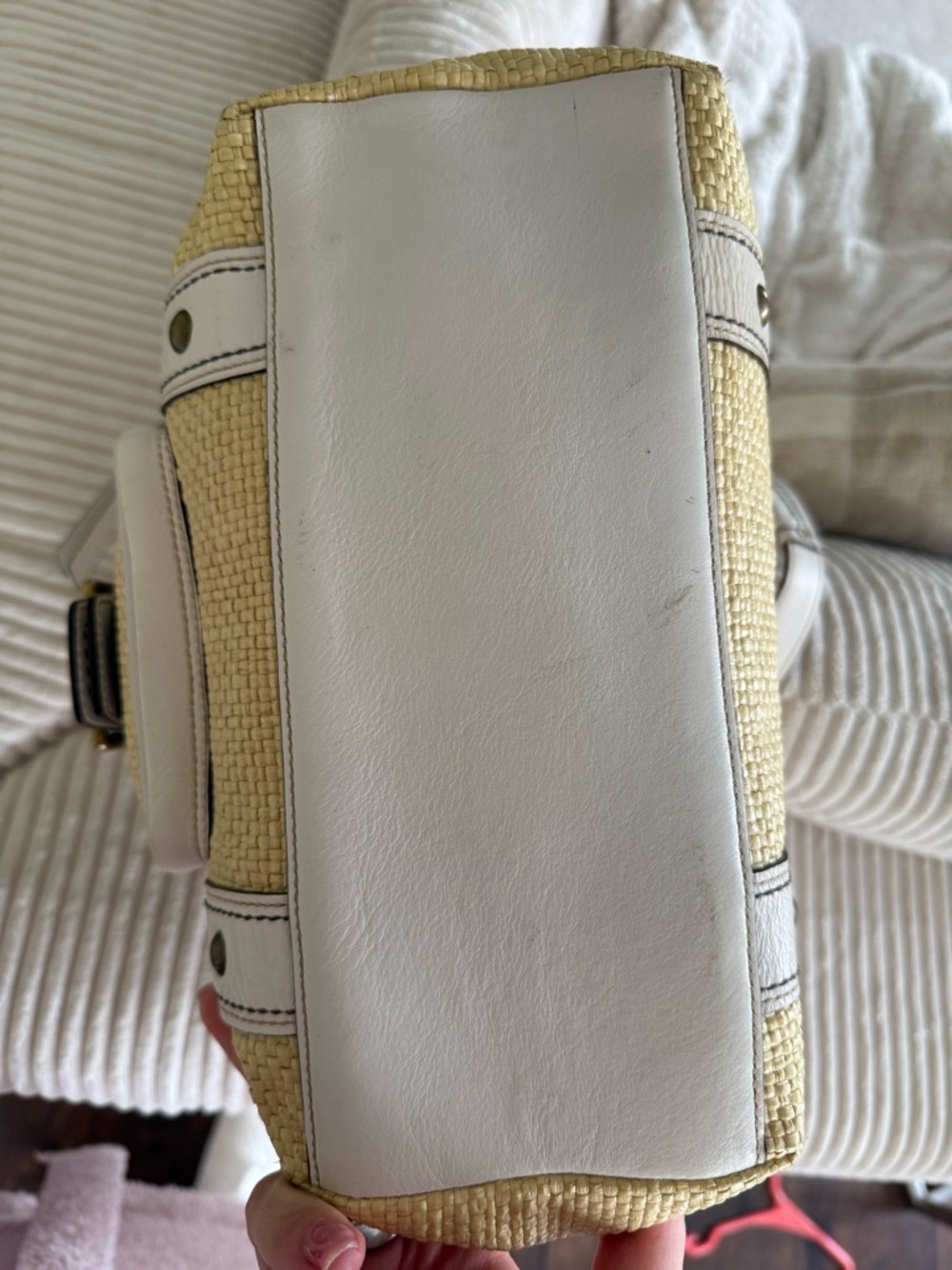 Vintage Coach Legacy Straw & Leather Tote White Brass Accents Y2K Coach 113 - Picture 5 of 10